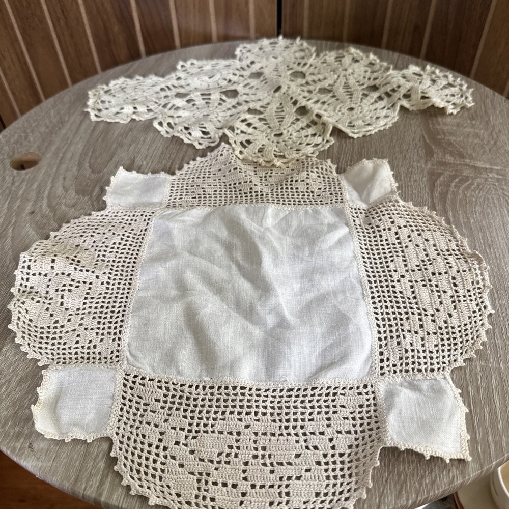 Pair of Vintage Diamond 14.5" and 12" Square Ecru Doilies